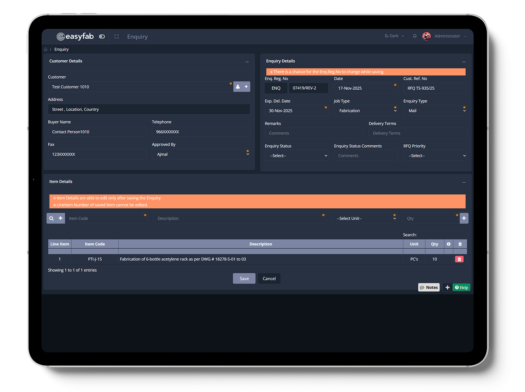EasyFab ERP Enquiry screenshot