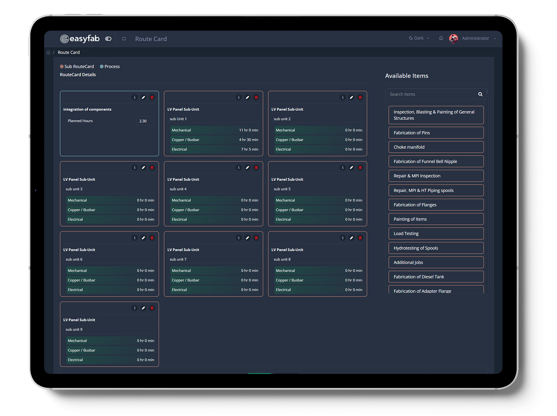 EasyFab ERP Route Card screenshot