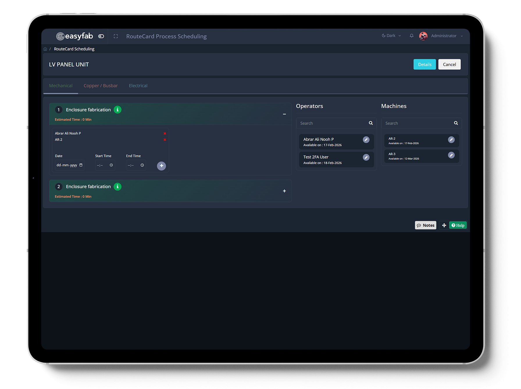 EasyFab ERP Operator & Machine Scheduling screenshot