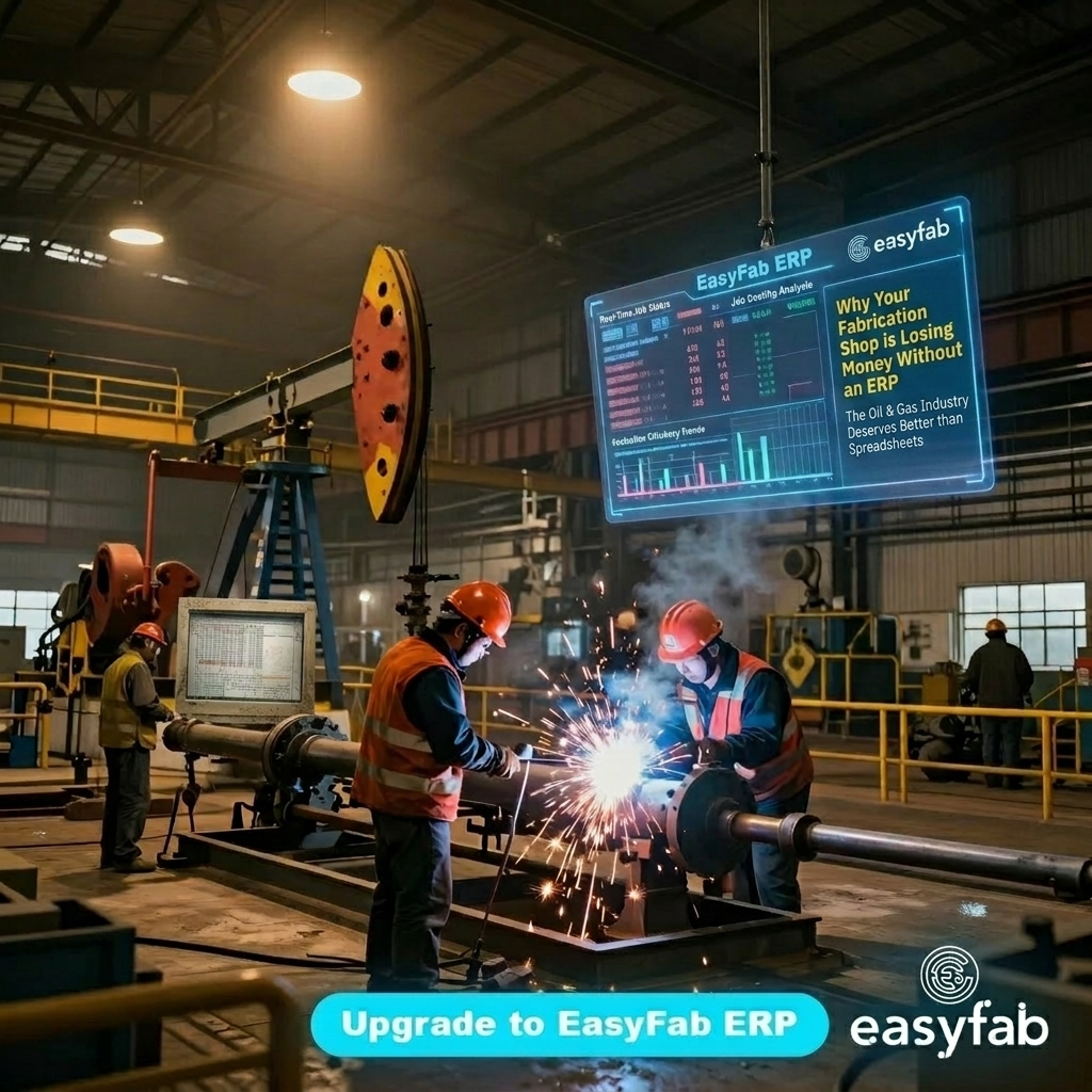 Workers welding on a factory floor with an EasyFab ERP dashboard screen and an Upgrade to EasyFab ERP banner
