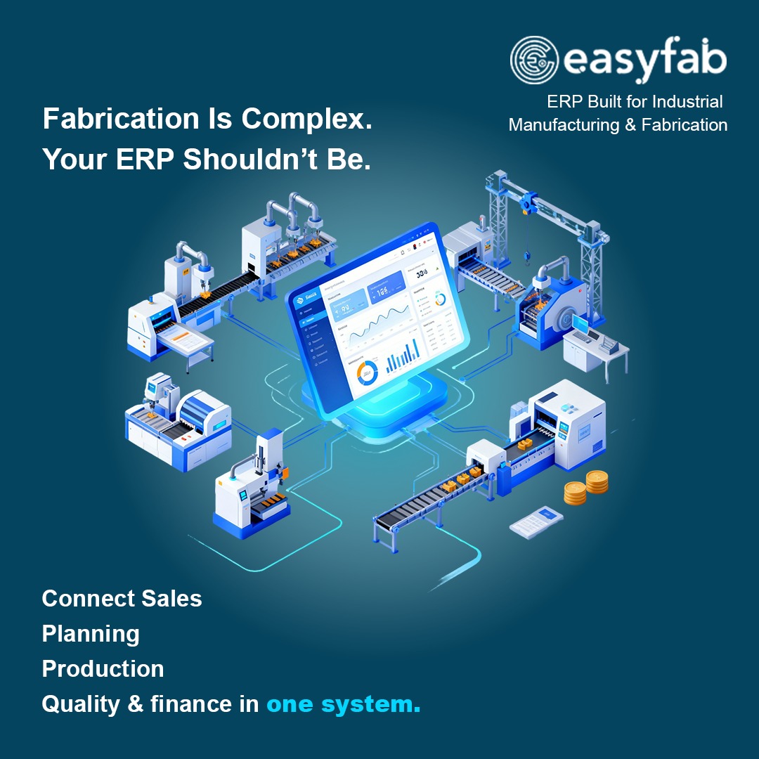 EasyFab ERP illustration showing fabrication shop floor machines connected to a dashboard with the message Connect Sales, Planning, Production, Quality and finance in one system