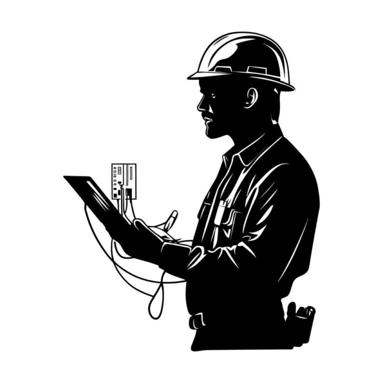 Illustration of an electrician in a hard hat inspecting an electrical panel using a tablet